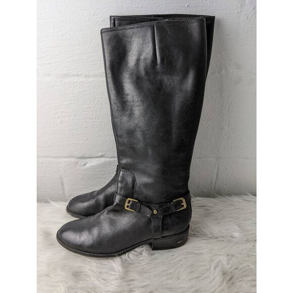 Lauren Ralph Lauren Marion‎ Harness Buckle Black  Leather Gold Tall Boots 9.5 B - Picture 1 of 6